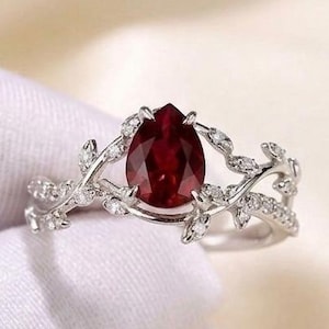 Lab-Created Ruby Marquise Vine Ring, Sterling Silver Nature Jewelry, Leaf Engagement Ring
