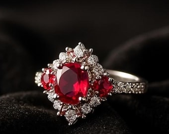 Vintage Oval Rubin Cluster Ring: 925 Sterling Silber Ring Halo, Juli Geburtsstein