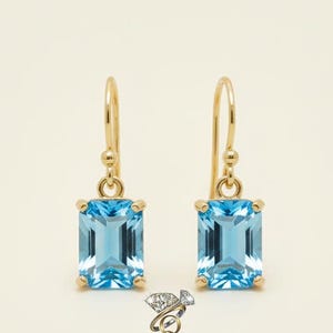 Emerald Cut Blue Topaz Drop Earrings, Gold Plated Sterling Silver
