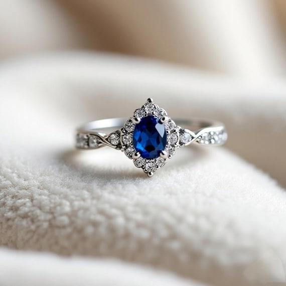 Bague Vintage En Argent Sterling - Saphir Central Entouré De Zircones - Taille 50 - Occasion