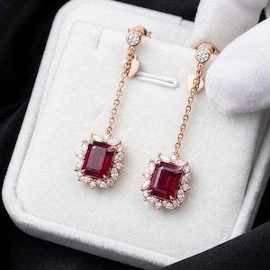Ruby Red Emerald Cut Dangle Earrings, Rose Gold Drop Earrings, Halo CZ Diamond Earrings, Bridal Wedding Jewelry