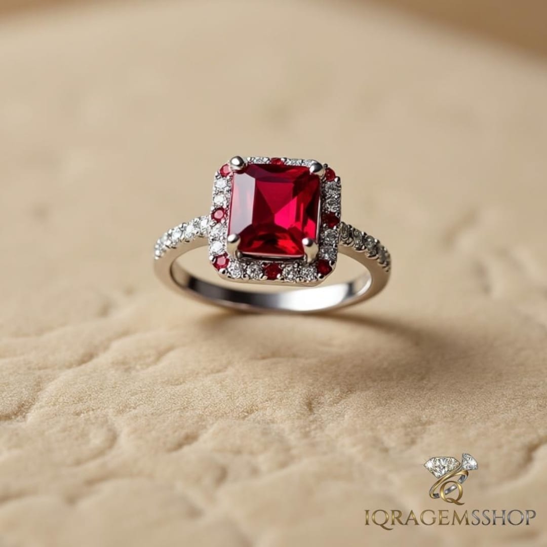 Square Ruby Engagement Ring: 925 Sterling Silver Halo, Cubic