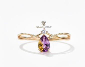 Bague en forme de larme en amétrine | Argent sterling plaqué or, anneau torsadé