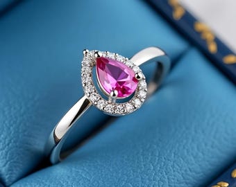 Pear Pink Sapphire Gemstone Halo Ring: 925 Sterling Silver Engagement, Anniversary Ring