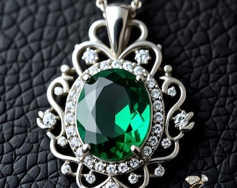 Emerald Green Pendant Necklace | Vintage Halo Design | Oval Gemstone Jewelry | Gift for Her | Elegant Statement Necklace