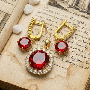 Robijnrode rond geslepen sieradenset, 925 zilver vergulde set oorbellen en hanger, bruidssieraden, statement kettingset, huwelijkssieraden