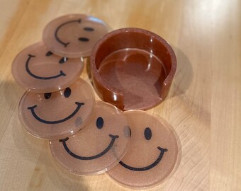 Handmade Smiley Face Coasters with Holder