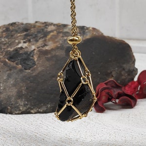 Raw Obsidian Necklace, Stainless Steel Cage Replaceable Crystal Pendant Necklace, Rough Black Obsidian Pendant, Protection Jewelry women
