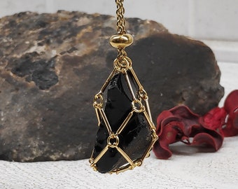 Raw Obsidian Necklace, Steel Cage Replaceable Crystal Pendant Necklace, Rough Black Obsidian Pendant, Protection Jewelry women