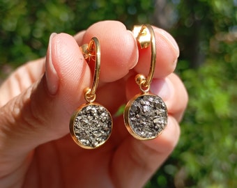 Raw Pyrite Earrings • Gold Plated Stainless Steel Studs • Front Hoop Dangle • Natural Pyrite Jewelry Gift for Women