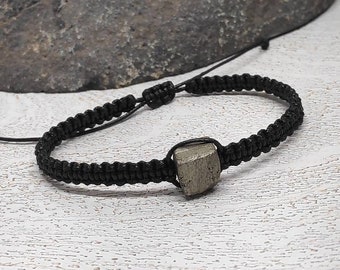 Raw Pyrite Cube Bracelet, Stone for Wealth, Natural Raw Iron Pyrite Bracelet,Macrame Knotted Bracelet,Black Cord Bracelet, Gem Jewelry