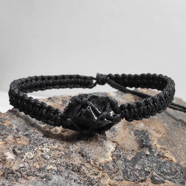 Natural Raw Black Obsidian Bracelet, Macrame Knotted Bracelet,Raw Stone Bracelet,Raw Gem Bracelet, Raw Crystal Bracelet,Adjustable Bracelet