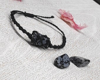 Snowflake Black Obsidian Bracelet, Adjustable Bracelet,Macrame Knotted Bracelet, Black Cord Bracelet, Snowflake Obsidian, Protection Stone