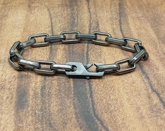 Industrial Link Bracelet: Oxidized Stainless Steel with Hook Clasp, Rectangular Chain, Men’s Jewelry