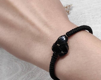 Raw Black Obsidian Bracelet, Macrame Knotted  Bracelet woman, Protection Healing Crystal Bracelet, Handmade Adjustable Dainty gift for mom