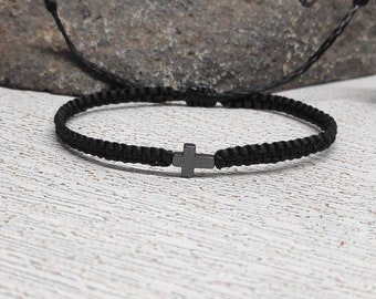 Hämatit Kreuz Armband, Micro Makramee geknüpftes religiöses Armband, christliche Kreuz Perle, geflochtenes Armband, Schutz Armband