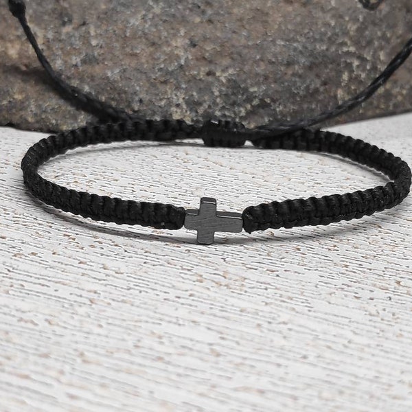 Hämatit Kreuz Armband, Micro Makramee geknüpftes religiöses Armband, christliche Kreuz Perle, geflochtenes Armband, Schutz Armband