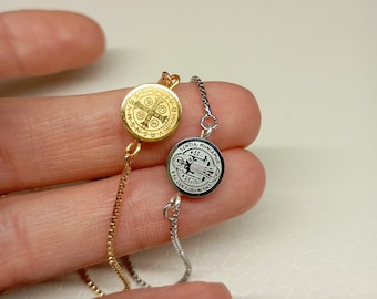 Pulsera de la Medalla de San Benito, pulsera ajustable de acero inoxidable dorado, joyería cristiana de protección, regalo católico