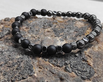 Hematite Cubes Beads, Matte Black Onyx 6mm Beads Bracelet Men, Gemstone Bracelet, Stretch Beaded Bracelet, Healing Protection Bracelet