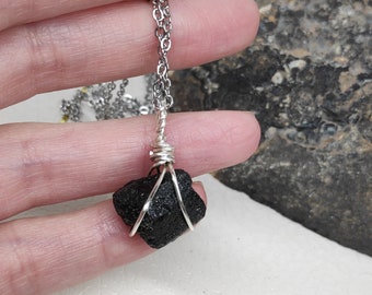 Raw Natural Black Brazilian Tourmaline Necklace, Wire Wrap, Protection Grounding Healing Crystal Pendant, Gemstone