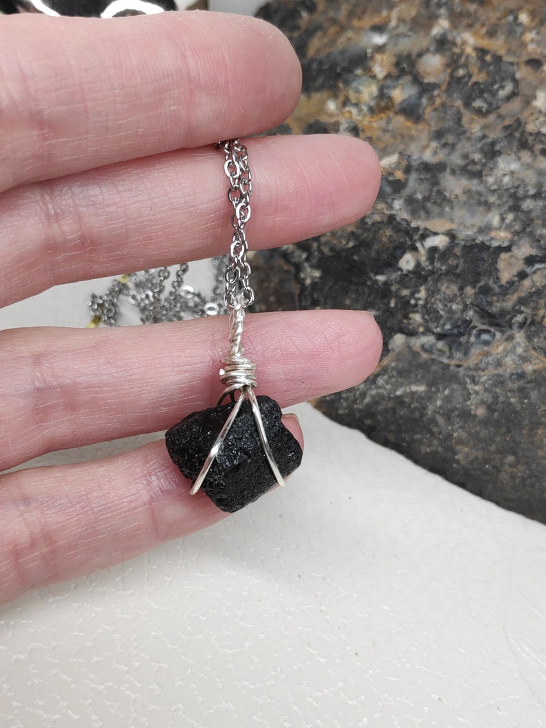 Raw Natural Black Brazilian Tourmaline Necklace, Wire Wrap, Protection Grounding Healing Crystal Pendant, Gemstone image 1