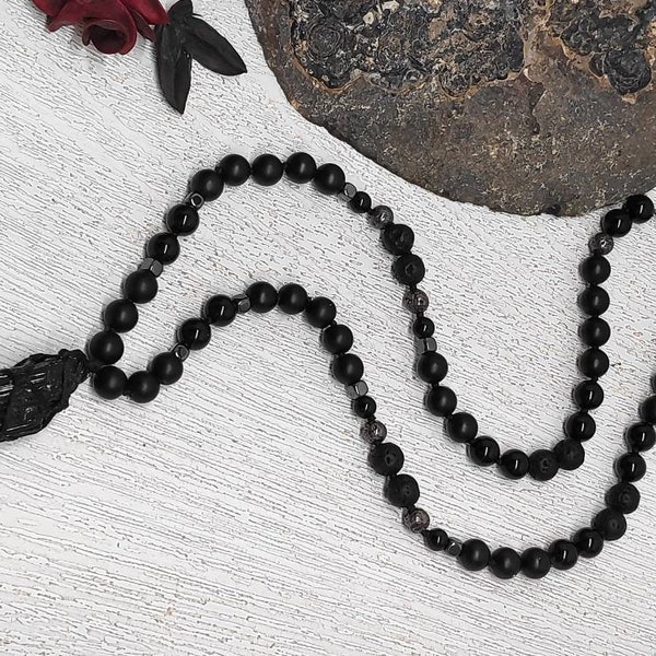 Raw Black Tourmaline Pendant Necklace, Onyx Lava Hematite Beads Necklace,Raw Gemstone Pendant, Net Wrapped Raw Tourmaline, Healing Stone