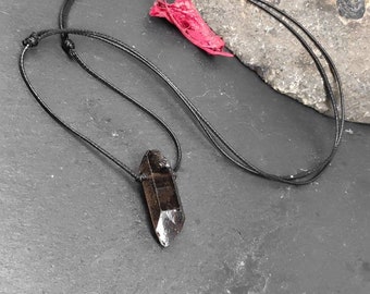 Natural Raw Smoky Quartz Crystal Pendant, Raw Clear Quartz Point crystal, Gemstone Choker Necklace Healing Protection Black Cord Necklace