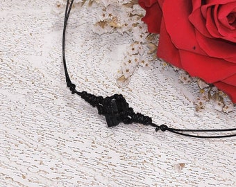 Natural Raw Black Tourmaline Choker Necklace,Boho Choker, Single Raw Crystal Choker Tiny Raw Crystal Adjustable Thin Black Cord Necklace