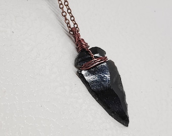 Black Obsidian Arrowhead Necklace: Carved Crystal Wire Wrap Pendant