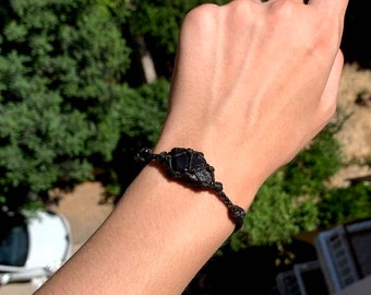 Raw Black Obsidian Bracelet for men, women, Macrame Knotted Bracelet,Adjustable Healing Crystal Protection Braided Bracelet, friendship gift