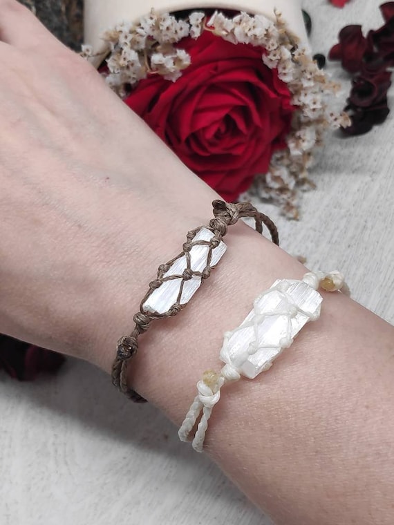 Raw Selenite Bracelet • Macrame Crystal Bracelet • Adjustable Sliding Knot Bracelet • Natural Gemstone Jewelry