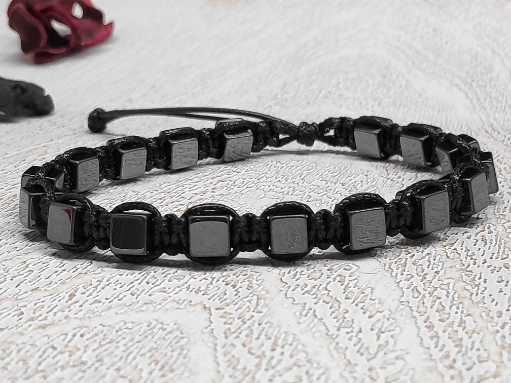 Hematite Cubes Beaded Bracelet, Macrame Black Rope Knotted,Adjustable Bracelet Men Jewelry gift for men