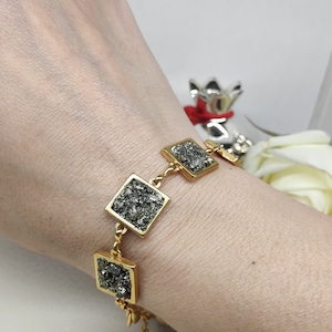 Raw Iron Pyrite Bracelet  Stone for Wealth  Bracelet, Square cabochon gold plated, Handmade Protection Bracelet, Gemstone Pyrite Jewelry