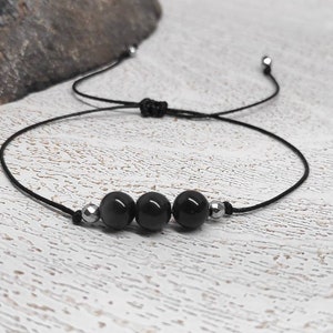 Bracciale con perline argento e lucentezza in ossidiana nera, bracciale annodato in cordoncino nero, bracciale con tre perline di ossidiana da donna, bracciale in ossidiana fatto a mano