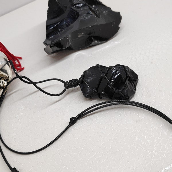 Raw Black Obsidian Pendant Necklace, Raw Obsidian Necklace, Black Cord Wrap Stone, Protection Crystal Pendant,Raw Gemstone Pendant