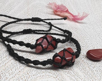 Red Jasper Bracelet, Handmade Adjustable Macrame Knotted Protection Healing Crystal Gemstone, Gift Idea