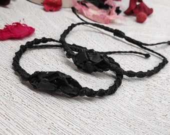 Raw Black Obsidian Macrame Knotted Bracelets, Raw Crystal Braided Bracelet, Protection, Everyday Bracelet