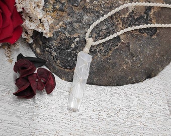Raw Selenite Crystal Pendant Necklace: Macrame Wrapped Healing Stone