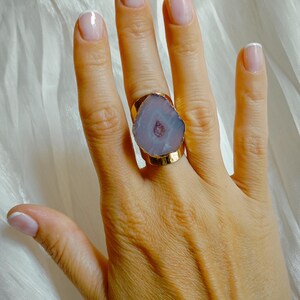 Raw Lace Agate Geode Ring: Gold Plated Adjustable Copper Wide Band