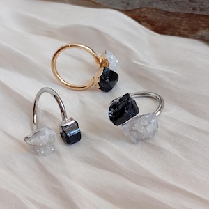 Raw Black Tourmaline & Quartz Ring: Adjustable Gold Plated Healing Crystal