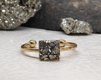 Raw Iron Pyrite ring wealth stone, adjustable dainty square cabochon ring, protection stone finger open ring women