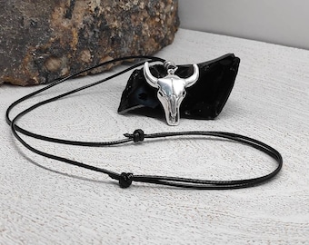 Collier Pendentif Tête De Taureau Crâne - Style Punk Rétro, Chaîne 45+5 Cm, Plaqué Or