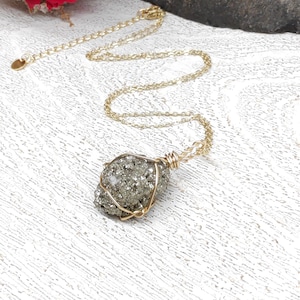 Raw Pyrite Necklace, 18K gold plated Copper Wire Wrapped Stone Pendant Necklace, Rough Pyrite Cubes Necklace, Protection Women&#39;s Jewelry
