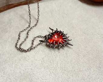 Thorn Wrapped Red Crystal Heart Pendant Necklace - Gothic Party Jewelry