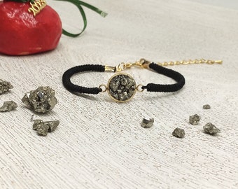 Raw Iron Pyrite Bracelet  Stone for Wealth,Macrame Knotted Black Cord Bracelet, Protection Bracelet,Gem Pyrite Jewelry