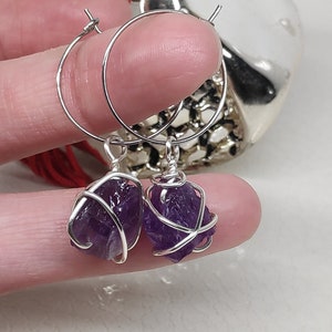 Raw Amethyst Hoop Earrings,  raw crystal earrings, healing energy protection earrings, handmade dainty earrings with raw gemstones
