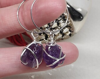Handmade Raw Amethyst Hoop Earrings: Stainless Steel Crystal Jewelry