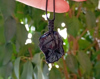 Raw Black Obsidian Pendant Necklace: Cord Wrapped Protection Crystal