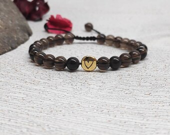 Smoky Quartz Beaded Bracelet, Gold Heart Bracelet Women Adjustable Bracelet, dainty bracelet Protection Love Bracelet Healing Crystal, Gift