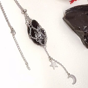 Collar de obsidiana cruda, collar con colgante de cristal reemplazable de jaula de acero, colgante de obsidiana negra en bruto, joyería de protección para mujeres